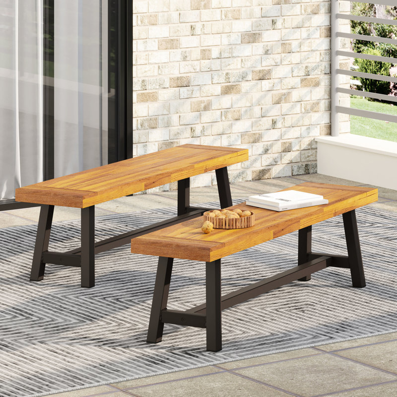 2 bancs d'extérieur, industriel moderne, panneau de lattes en métal rustique et en bois, abat-jour brunâtre avec cadre, brun