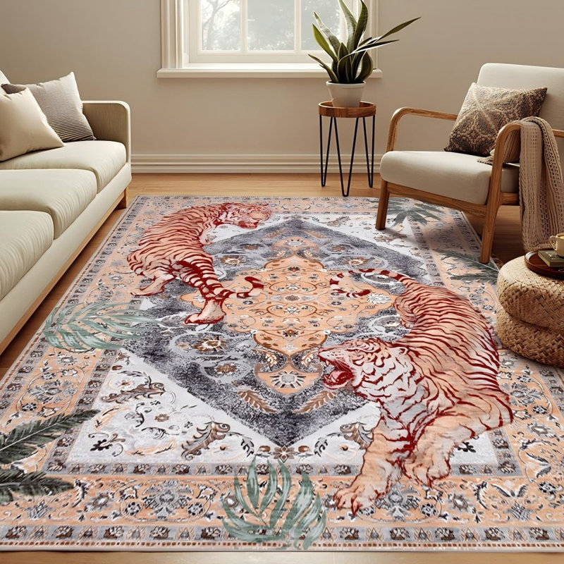 Oriental Tiger Print with Floral Machine Washable Area Rug, Rectangle 5' x 7'
