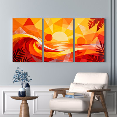 Abstract Tropical Sunset Geometric Pattern Canvas Wrapped Wall Art Oil Painting Print Set of 3