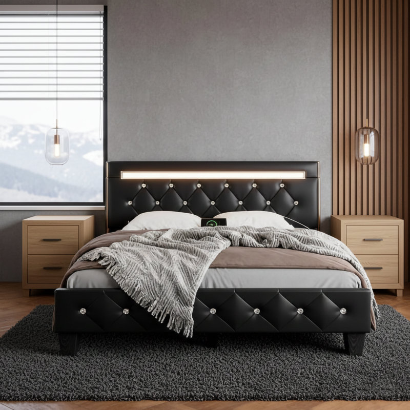 Structure de lit moderne avec éclairage DEL et charge USB moderne