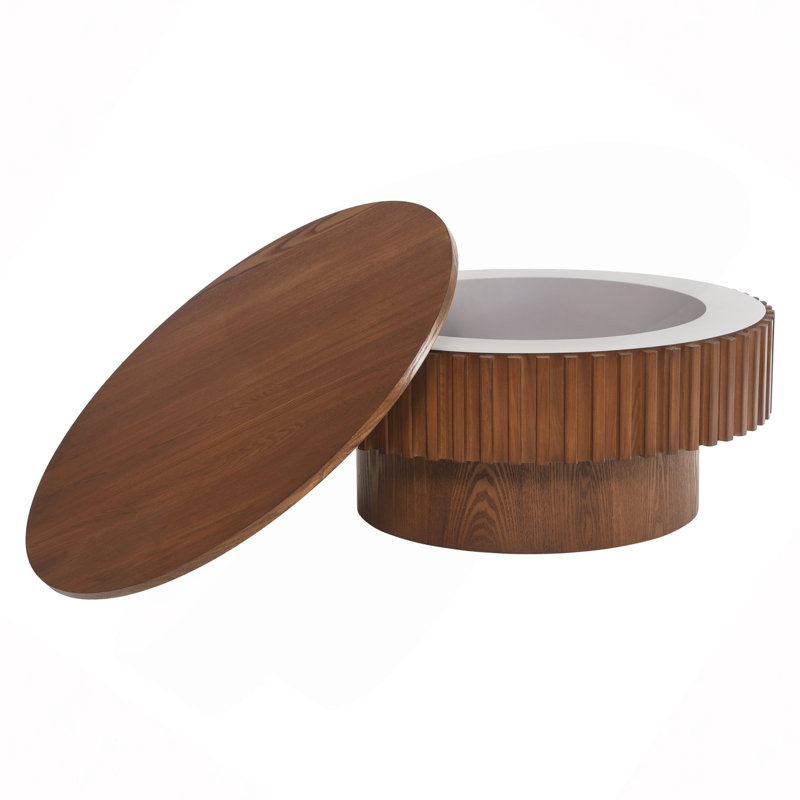 Table basse ronde cannelée de 80 cm avec couvercle amovible et rangement dissimulé, table basse en bois massif côtelé, table centrale de style champêtre pour salon