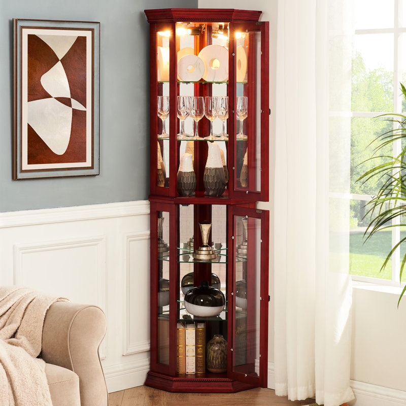 Corner Curio Cabinet Lighted Corner Display, Glass Display Shelf Shelving Bar Cabinet With Tempered Glass Door, Bar Cabinet,Cabinet With Adjustable Shelf Glass Cabinet Shelves Bead Bulb Included