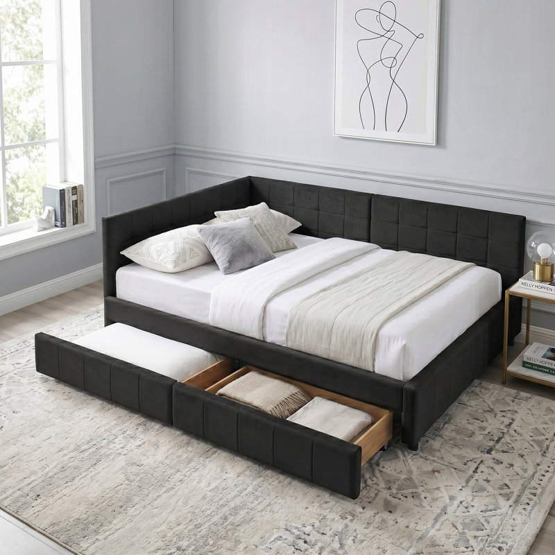 Lit de jour double rembourré moderne avec tiroirs et dossier pour chambre ou chambre d'amis, Noir
