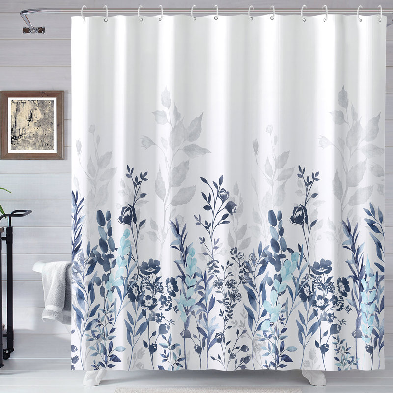 Ensemble de rideau de douche floral 13 pièces + crochets, Bleu