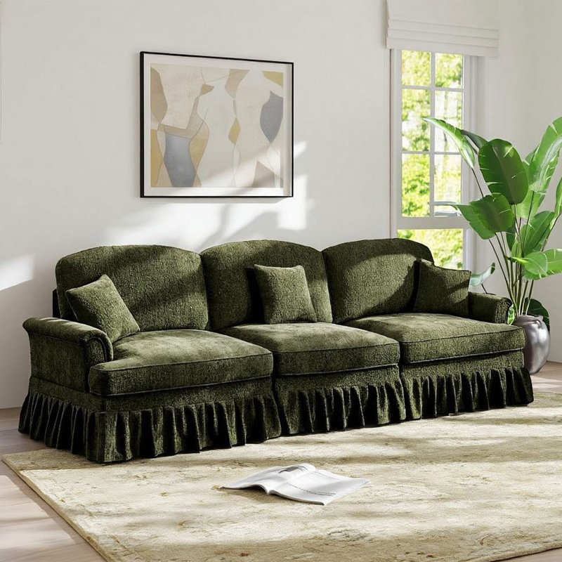 107.1''Mid-Century Chenille 3-Seater Sofa Couch with Ruffled Skirt, Green