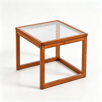 Small Square Fluted Glass Coffee Table, Single-Tier Bamboo Frame Coffee Table for Living Room