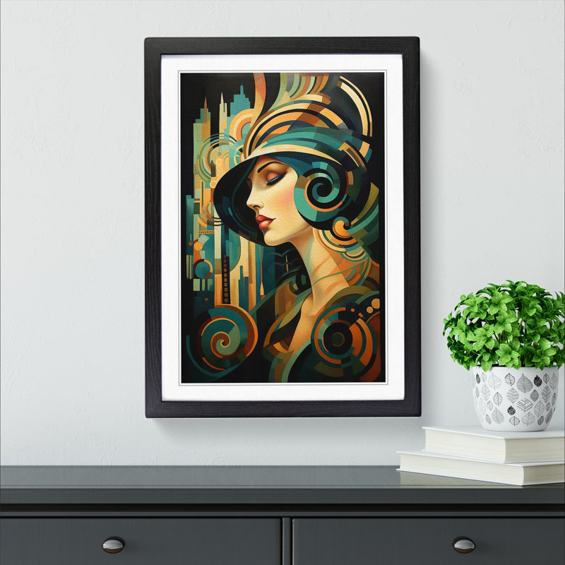 Art Deco Woman Abstract No.4 - Single Picture Frame Print on Wood, 64cm H x 46cm W x 2cm D, Black Framed