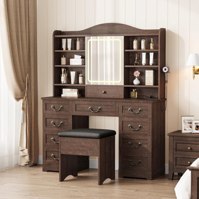 Makeup Vanity Desk with LED Lighted Mirror & Padded Storage Stool, Vintage Dressing Table with 10 Drawers, Open Storage Shelves and Built‑in Charging Station for Bedroom Dressing Room