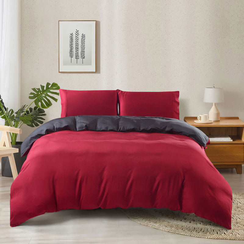 Rayon From Bamboo Flatweave Duvet Cover, Black/Red, Full Duvet Cover + 2 Full Pillowcase