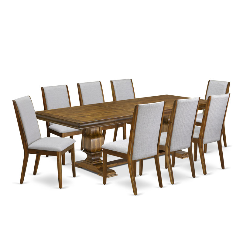 L'ensemble de 9 pièces de salle à manger moderne se compose d'une table de salle à manger rectangulaire et de 8 chaises de salle à manger en tissu de lin gris, finition noyer antique