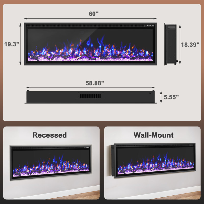 42" Landscape Electric Fireplace, 19.30"H x 60"W x 5.55"D