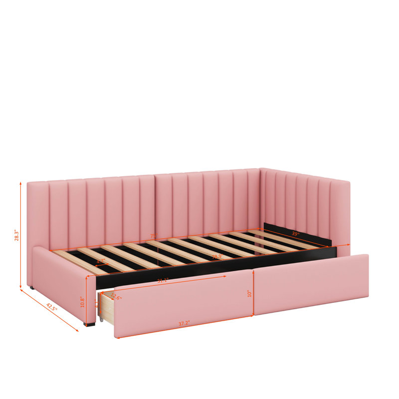 Twin Size Upholstered Daybed With 2 Drawers, Pink