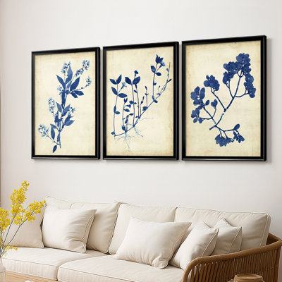 Indigo Leaf Study I - Toile tendue avec châssis sur mesure - 3 pièces
