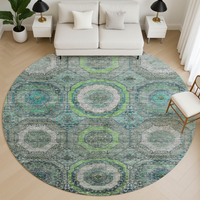Premium Machine Washable Mayfield AMF2050 Panel Rug, 8' Round, Teal