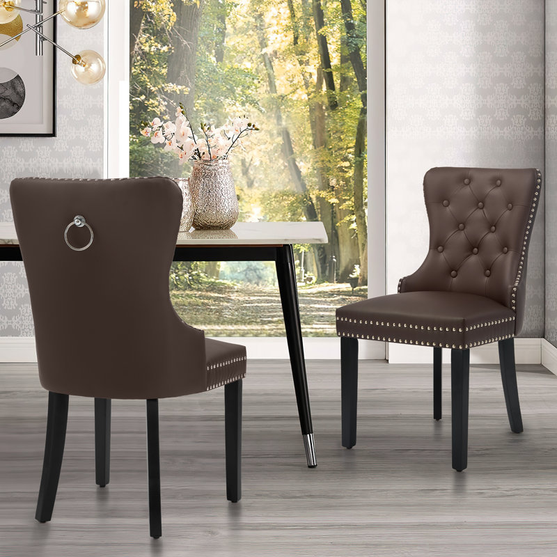 Brown Faux Leather Upholstered Side Chair with Wood Legs, Set of 2