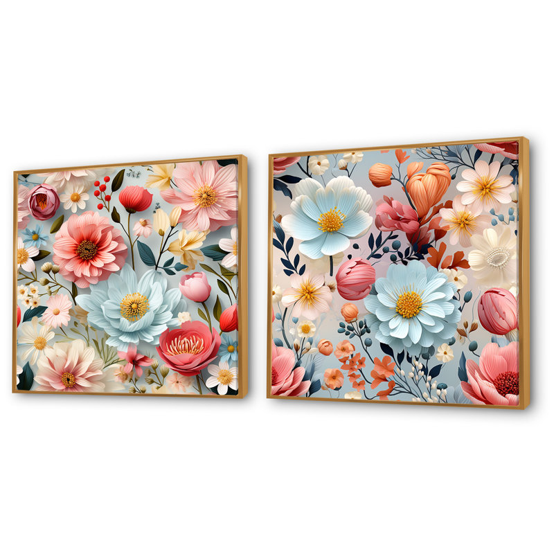 Flavio - ensemble de 2 reproductions d'art sur toile florales, Encadrement doré, H 16 po x l 33 po x P 1 po