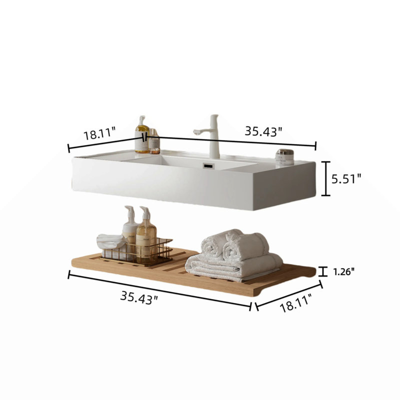 Meuble-lavabo de salle de bain avec lavabo vasque, lavabo flottant rectangulaire intégré en acrylique intégré sans robinet, étagère rayée
