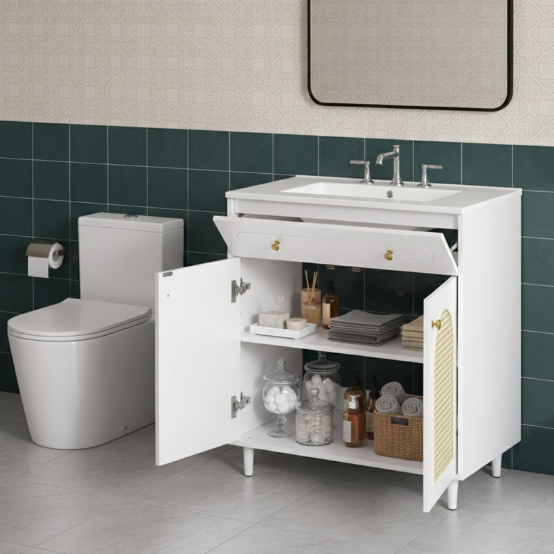 Meuble-lavabo avec lavabo et tablette réglable, Blanc