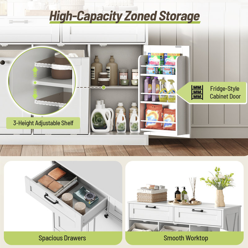 Double Tilt Out Laundry Hamper Cabinet, 43.3" Laundry Storage Cabinet with 2 Removable Baskets, Farmhouse Wooden Hidden Trash Bin Cabinet with Open Shelving