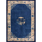 Solid Open Blue Color Field Antique Chinese Floral Medallion Pattern Peking Rug