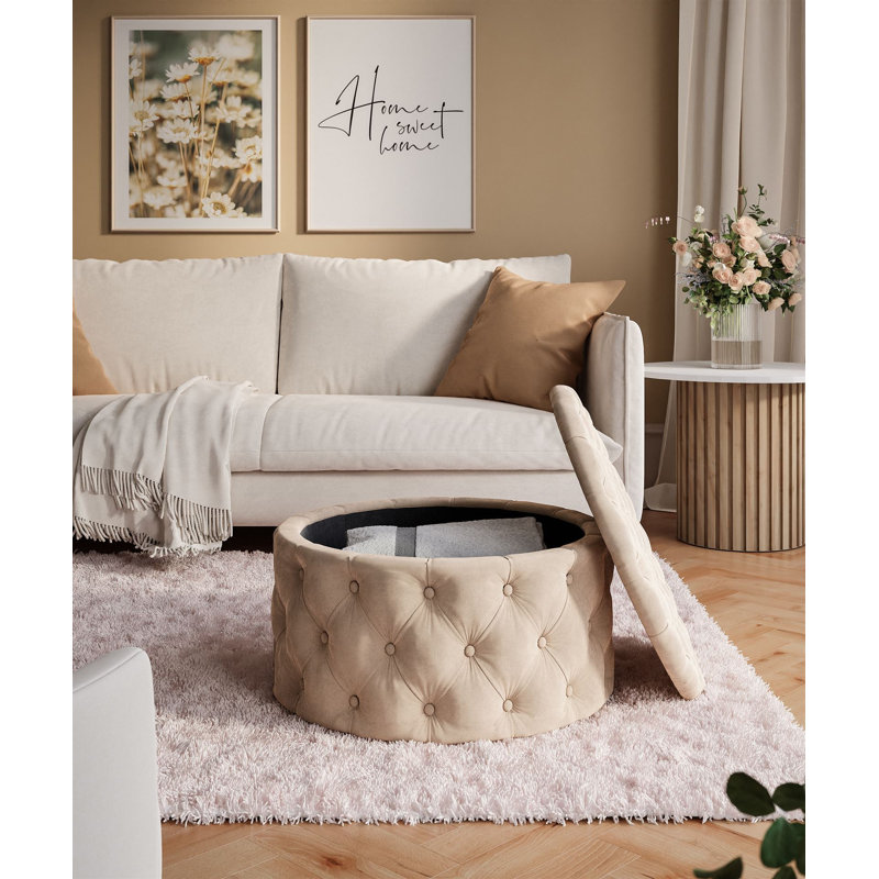 CHESTERFIELD Round Upholstered Pouf Hocker 70 cm, Beige Polyester