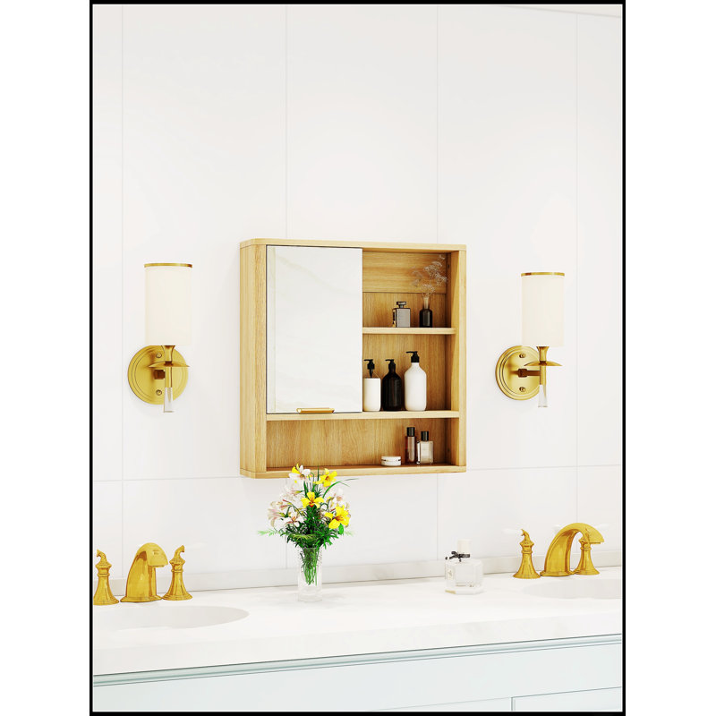 Armoire à miroir murale en bois naturel avec rangement en bois aggloméré et tablettes ouvertes et porte simple pour un décor moderne et rustique
