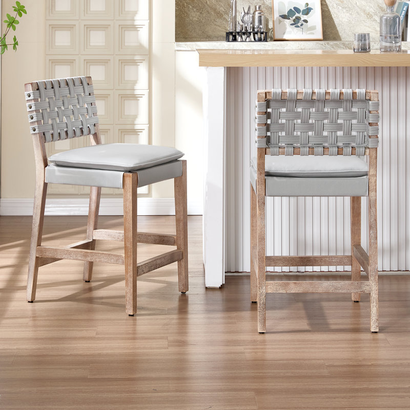 Stylishly Chic Mid-Century Modern Faux Leather Bar Stool - Perfect Counter Height Chair with Elegant Footrest and Woven Faux Leather Back for Your Kitchen