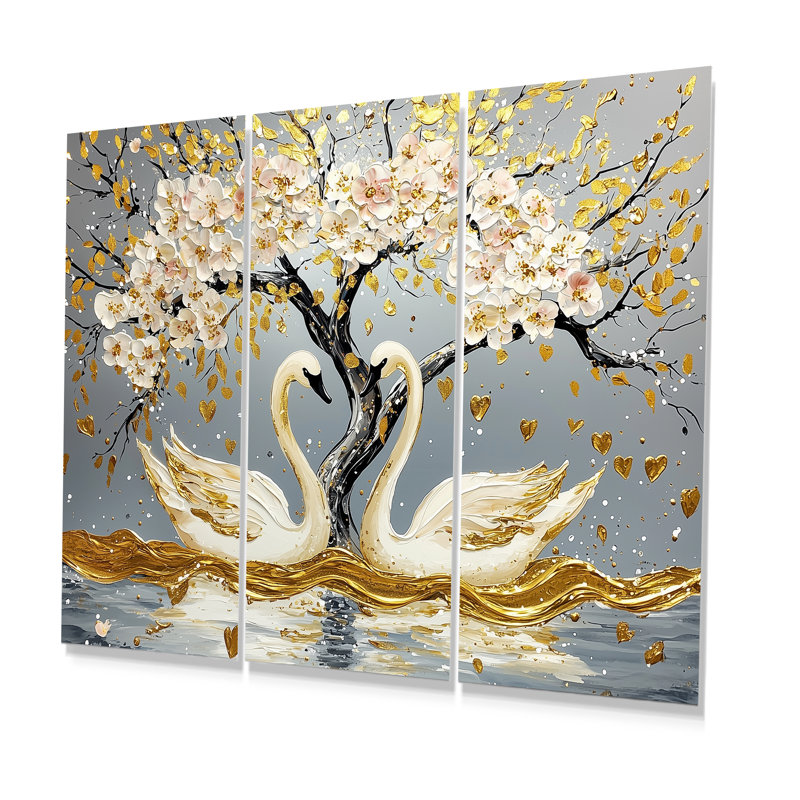 «Grey and Gold Swans Love Under Cherry Blossom II», ensemble de reproductions d'art mural cerisier en fleurs, Métal métal