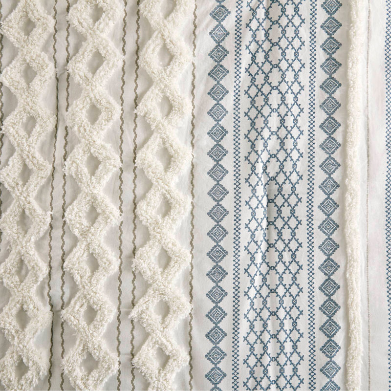 Ensemble d'édredon en coton avec chenille, Blanc / Bleu marine, Édredon grand et 2 taies décoratives