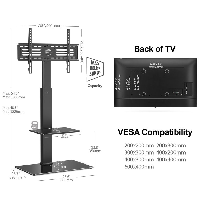 Abbing Square Universal Swivel Floor TV Stand TV Mount with Glass Base for 32 to 65 Inch Screens, Height Adjustment and Holds up to 88Lbs