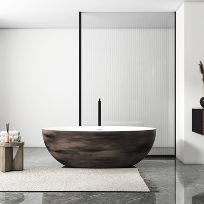 67 Inch Solid Surface Freestanding Bathtub, Matte White And Walnut, Ergonomic Shape, Suitable For Family Hotel Bathroom Upgrades 67*40.25*22 Surface, Finish, Quick Installation Process