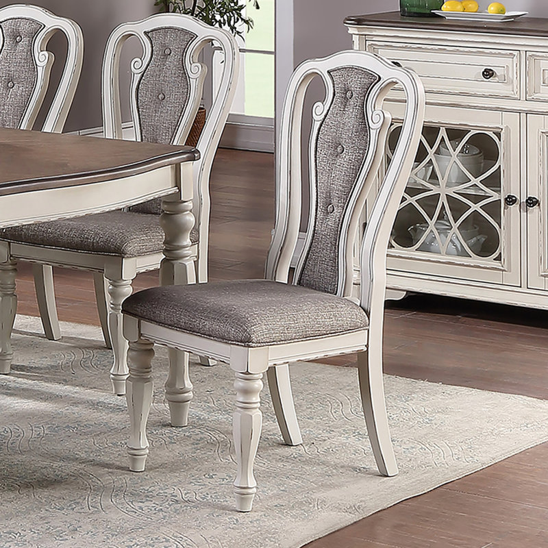Chaise de salle à manger recouverte de tissu gris pâle, blanc vintage, ensemble de 2