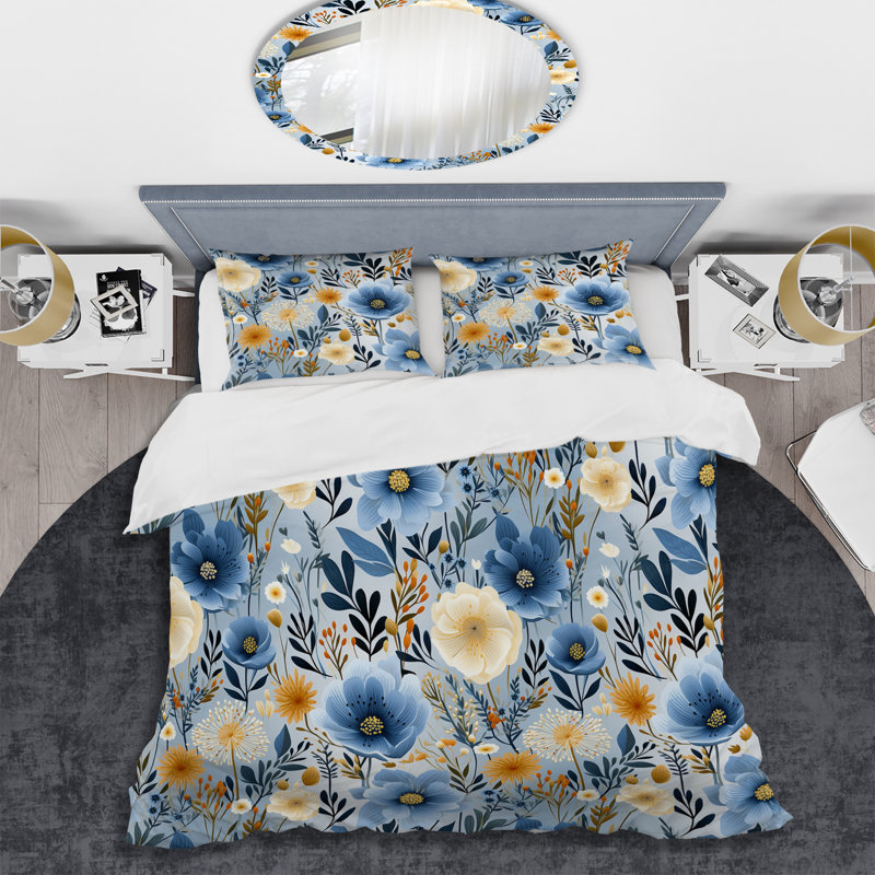 Blue Boho Chic Floral Motif - Ensemble de housse de couette floral, Housse de couette pour très grand lit et 2 très