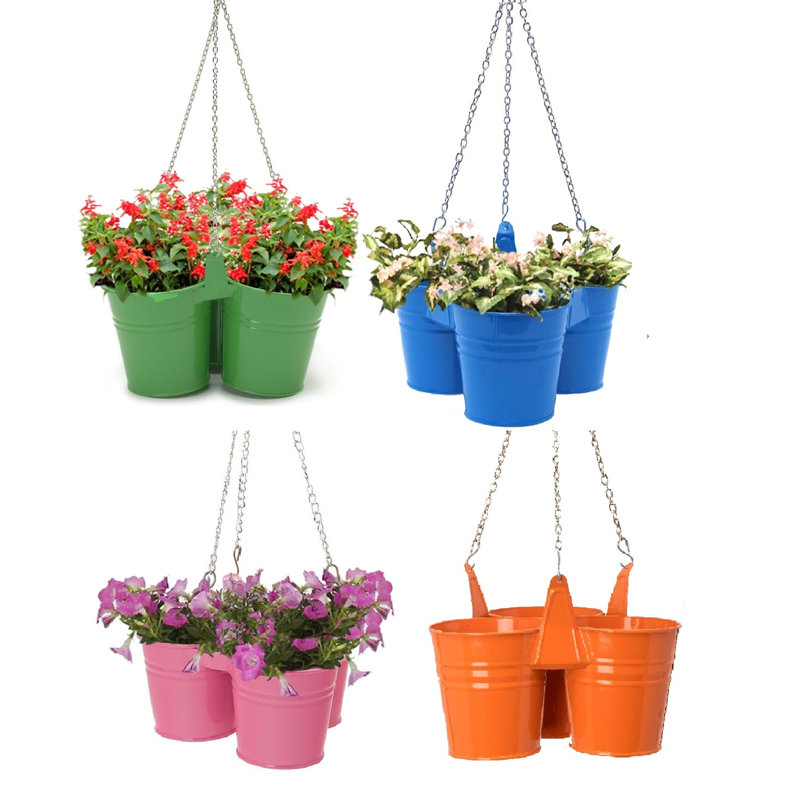 Enameled Galvanized Steel Triple Hanging Planter, Blue/Green/Pink/Orange