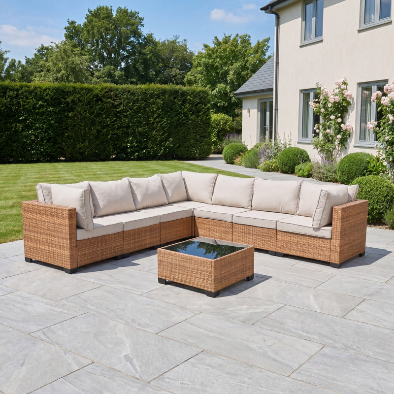 Saviano 7 Seat Modular Large L-Shaped Rattan Corner Set, Cream & Tan