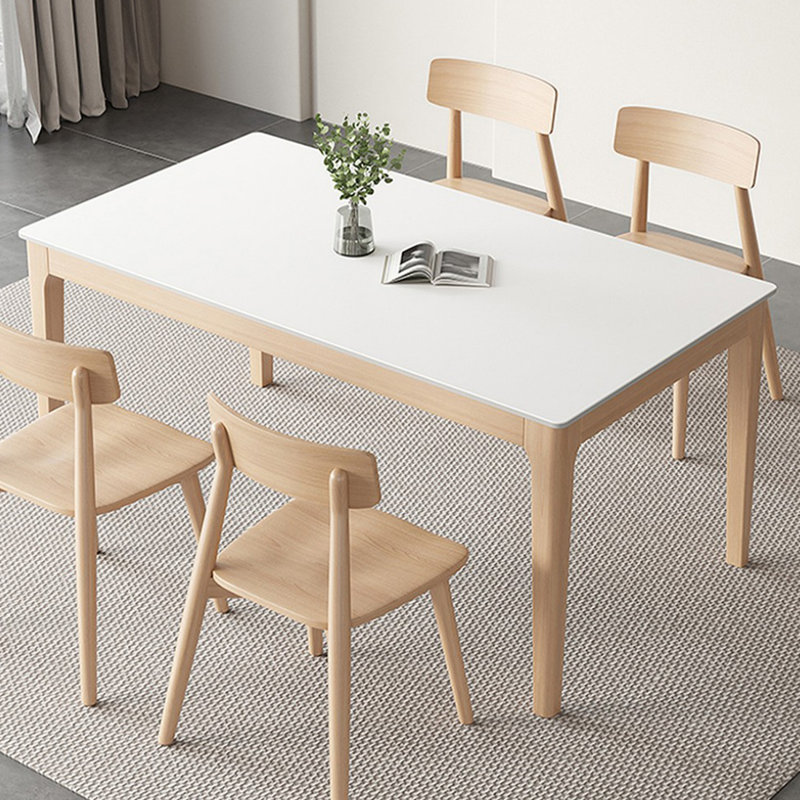 White + Burlywood Rectangular Sintered Stone + Solid Wood Dining Table, 29.53"H x 55.12"L x 31.5"W