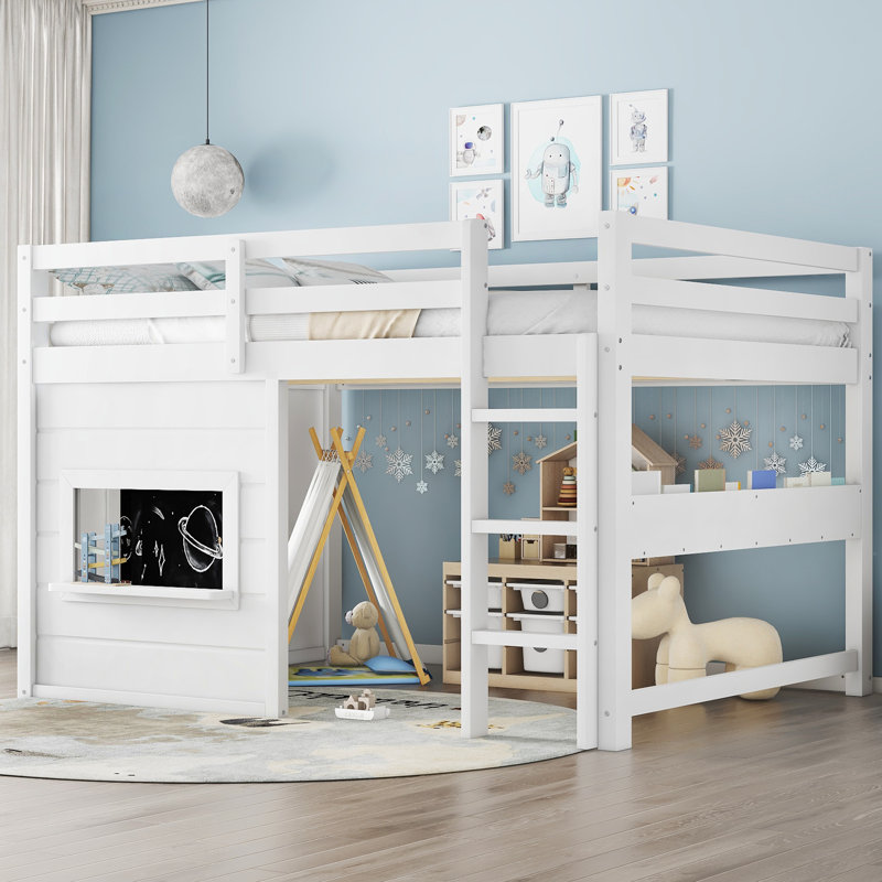 Full Size Wood Loft Bed Frame With Playful Sliding Chalkboard, Built-in Bookshelf And Safety Rails For Kids Teens, space-saving, Quiet Design, No Spring Mattress Required, White