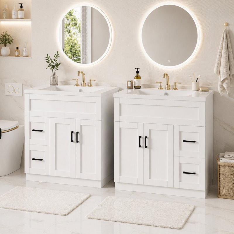 Ensemble de meuble-lavabo avec tiroirs et tablettes réglables et lavabos (comprend 2 meubles-lavabos), Blanc et noir