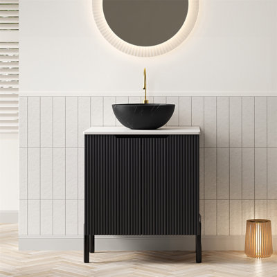 Meuble-lavabo de salle de bain 24 po avec lavabo, meuble-lavabo de salle de bain autoportant avec cuve en céramique avec motif de pierre et comptoir en bois fritté blanc Carrara