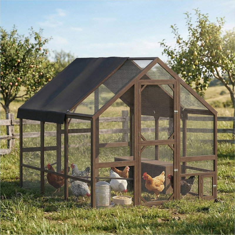 Poulailler chaud brun chaud, grand espace extérieur pour 8 à 10 poules, filet galvanisé en bois de sapin massif