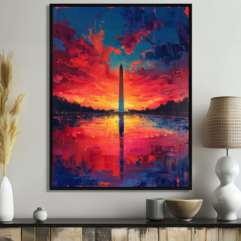 «Blue Red National Pride Washington Monument II - Monuments», art mural, H 24 po x l 32 po, Cadre flottant noir