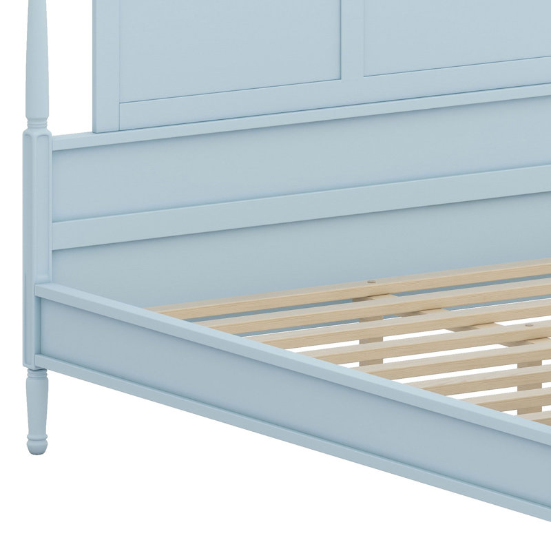 Lit plateforme en bois de style campagnard avec tête de lit arquée et colonnes, Bleu clair