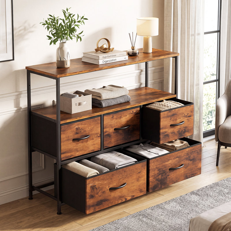 Commode à 5 tiroirs avec tablette ouverte, meuble télé en bois et métal, Brun rouille