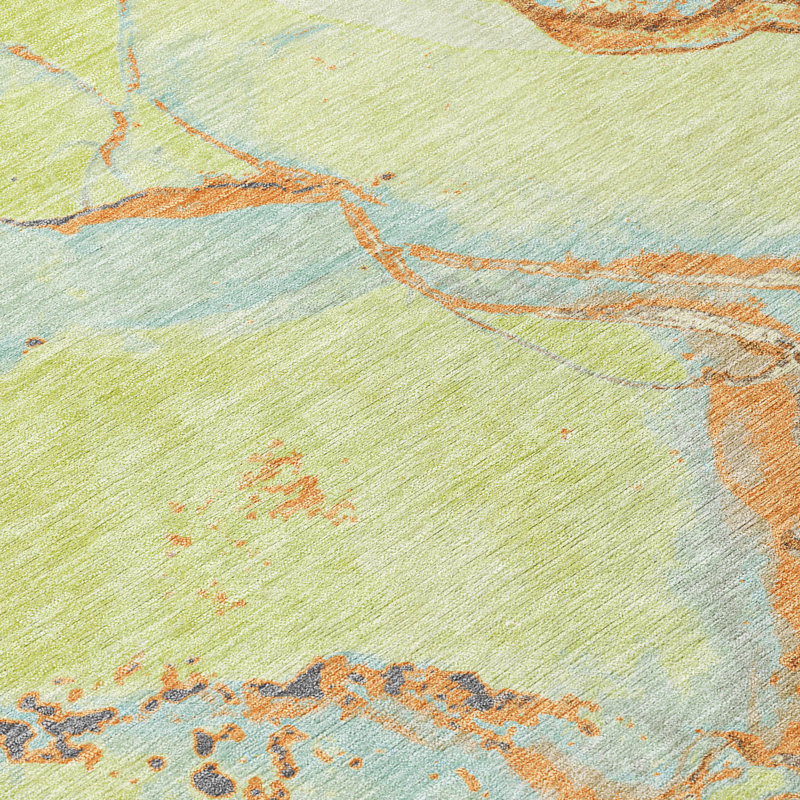 Aloe Green Abstract Washable Synthetic 3' x 5' Rug