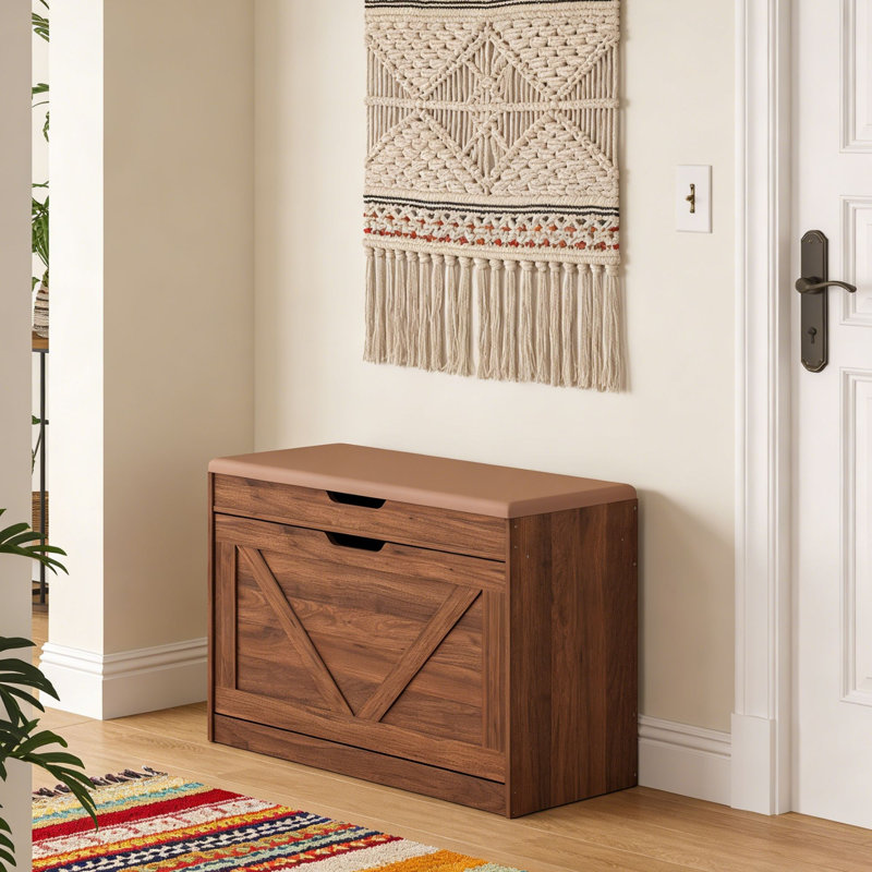  27.5"W Shoe Storage Bench with Cushion, Flip-Top Storage, Entryway Brown Shoe Rack, Brown