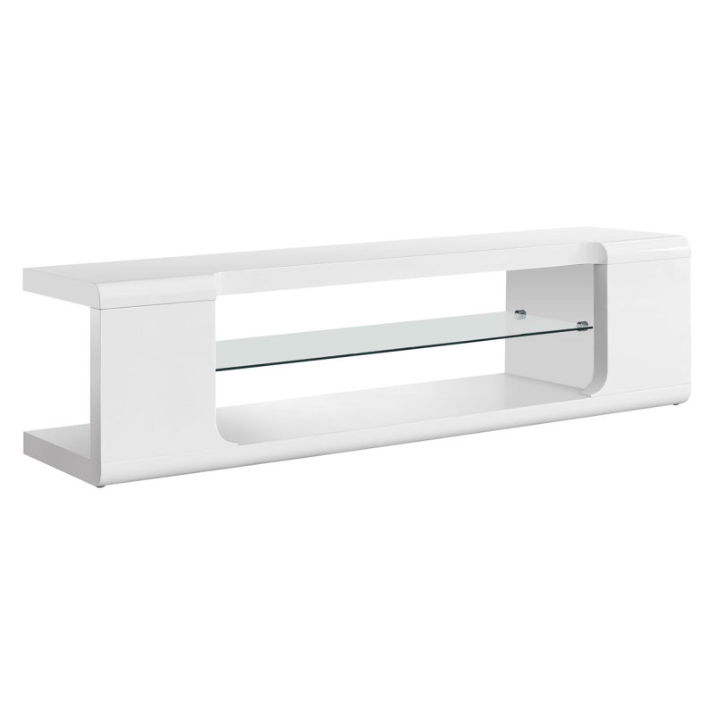 Meuble télé, meuble multimédia avec tablettes de rangement, stratifié blanc brillant et verre trempé