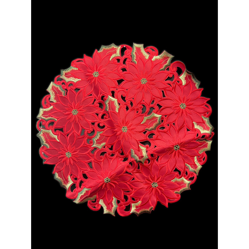 Napperon rond poinsettia brodé à feuille verte, 23 pouces de diamètre, Rond 24 po