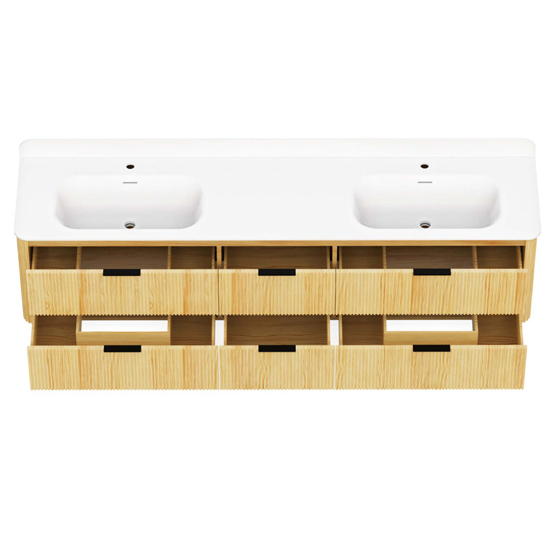Meuble-lavabo cannelé en bois massif avec lavabo et rangement intégrés