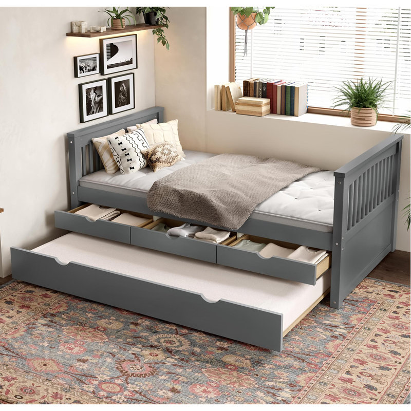 Lit plateforme simple avec tiroirs et lit gigogne, lit de jour en bois massif, sans sommier, gris, Gris