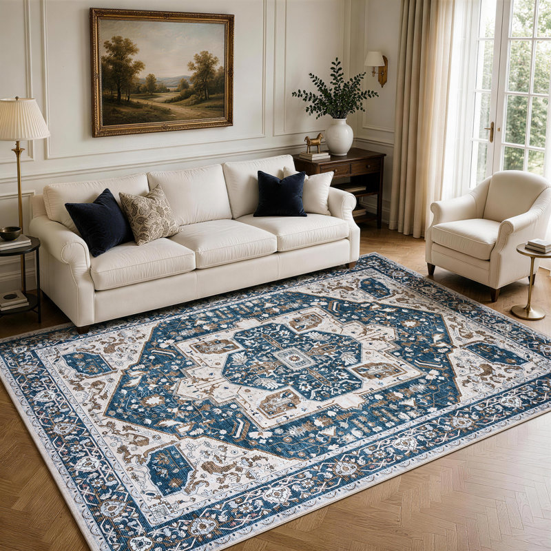 Tapis de sol antidérapant lavable à la machine à motif médaillon bleu et brun vintage, Rectangle 5' x 7'